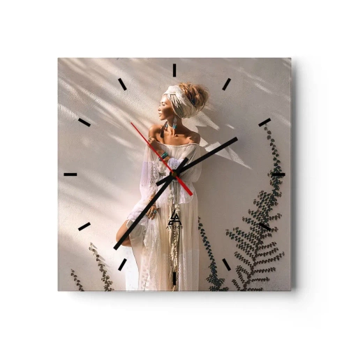 Wanduhr - Glasuhr - Eine Frau im Boho-Stil, beleuchtet von den Sonnenstrahlen - 30x30cm - Die Sonne und das Mädchen - Moderne Wanddekoration für Wohnzimmer und Schlafzimmer ARTTOR