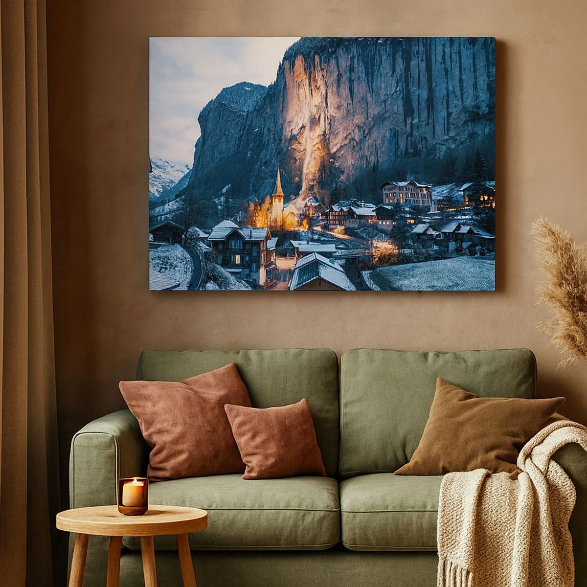Bild auf Leinwand - Leinwandbild - Ein malerisches Winterdorf, umgeben von Bergen - 70x50cm - Der leuchtende Geist des Winters - Moderne Wanddekoration für Wohnzimmer und Schlafzimmer ARTTOR