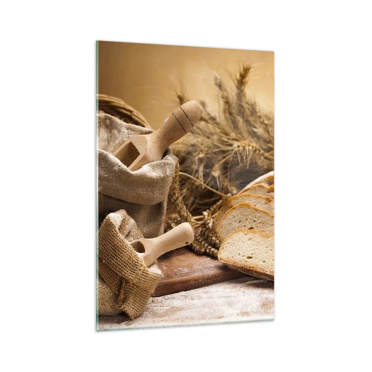 Glasbild - Bild auf glas - Eine Landschaft mit Brot, Mehl und Ähren im rustikalen Stil. - 70x100cm - Wie mit einem Messer geschnitten - Moderne Wanddekoration für Wohnzimmer und Schlafzimmer ARTTOR