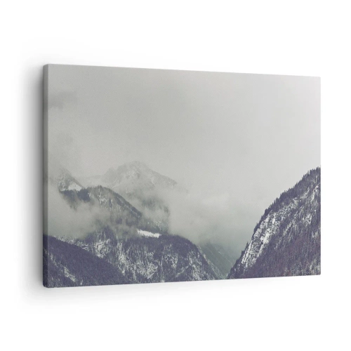 Bild auf Leinwand - Leinwandbild - Ein in Nebel gehülltes Bergtal in Grautönen - 70x50cm - Nebliges Tal - Moderne Wanddekoration für Wohnzimmer und Schlafzimmer ARTTOR