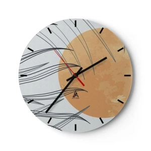 Wanduhr - Glasuhr - Grafik mit einem orangefarbenen Kreis und Graslinien im Hintergrund - 30x30cm - Immer der Sonne entgegen - Moderne Wanddekoration für Wohnzimmer, Küche und Schlafzimmer ARTTOR