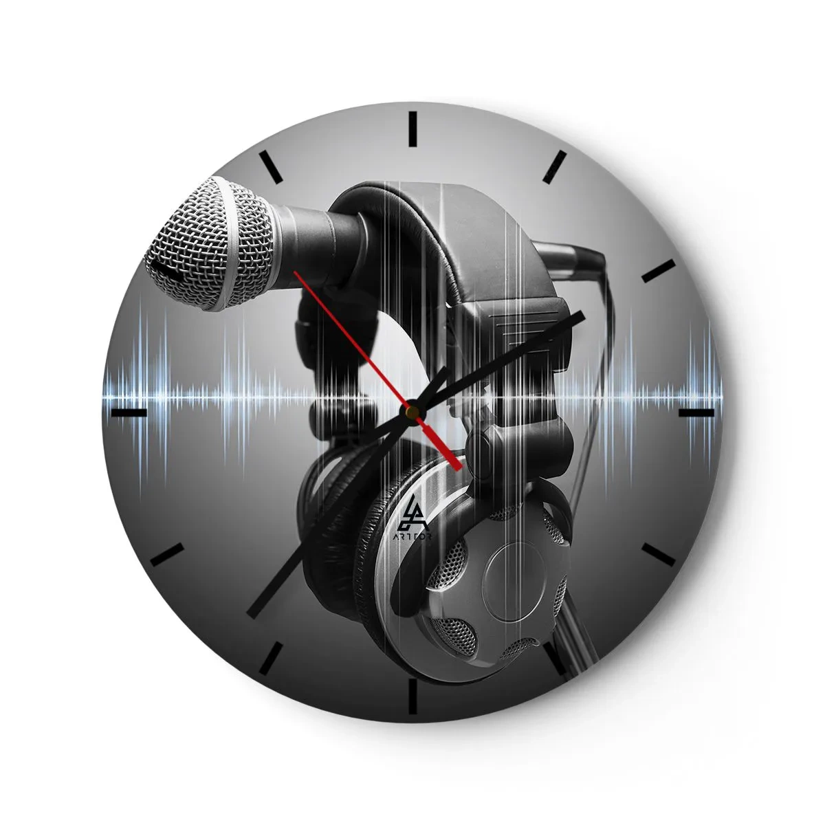 Wanduhr - Glasuhr - Mikrofon und Kopfhörer mit Schallwelle auf grauem Hintergrund - 30x30cm - Du kannst immer noch den Gesang hören - Moderne Wanddekoration für Wohnzimmer, Küche und Schlafzimmer ARTTOR