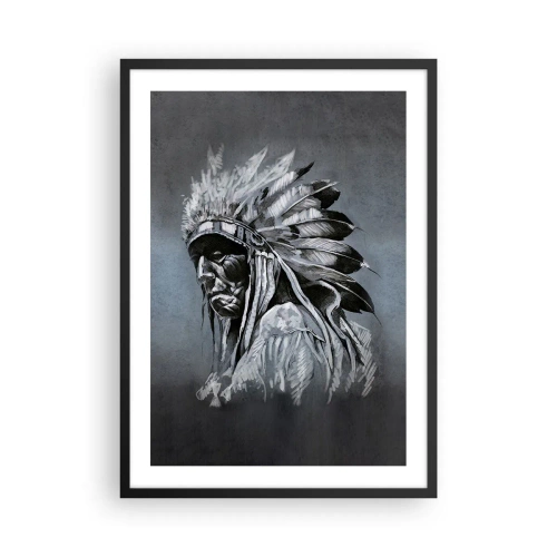 Poster in einem schwarzem Rahmen - Porträt eines Indianerhäuptlings mit Federschmuck vor grauem Hintergrund - 50x70cm - Zurück zu den Wurzeln - Moderne Wanddekoration für Wohnzimmer und Schlafzimmer ARTTOR