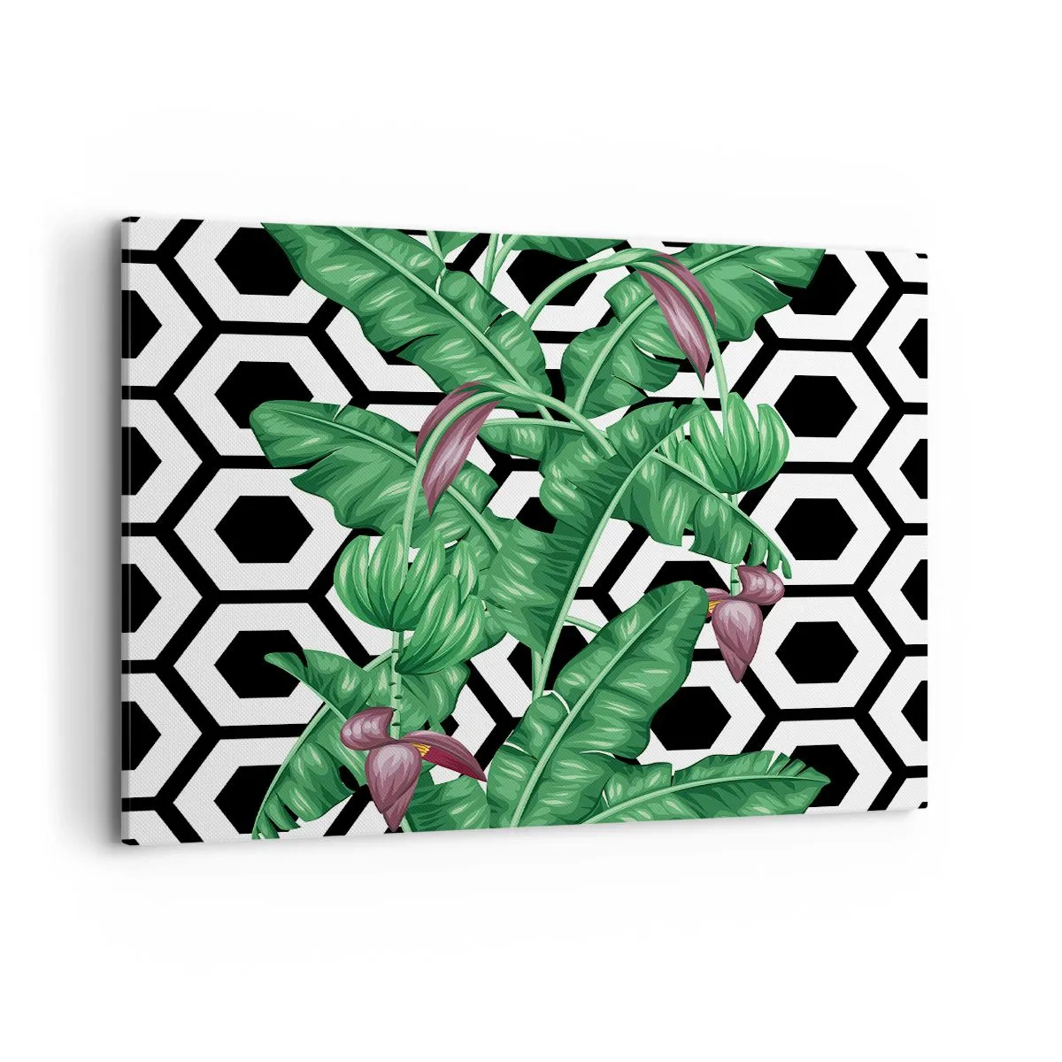 Bild auf Leinwand - Leinwandbild - Tropische Blätter auf geometrischem Hintergrund - 120x80cm - Von Natur aus eine symmetrische Komposition - Moderne Wanddekoration für Wohnzimmer und Schlafzimmer ARTTOR