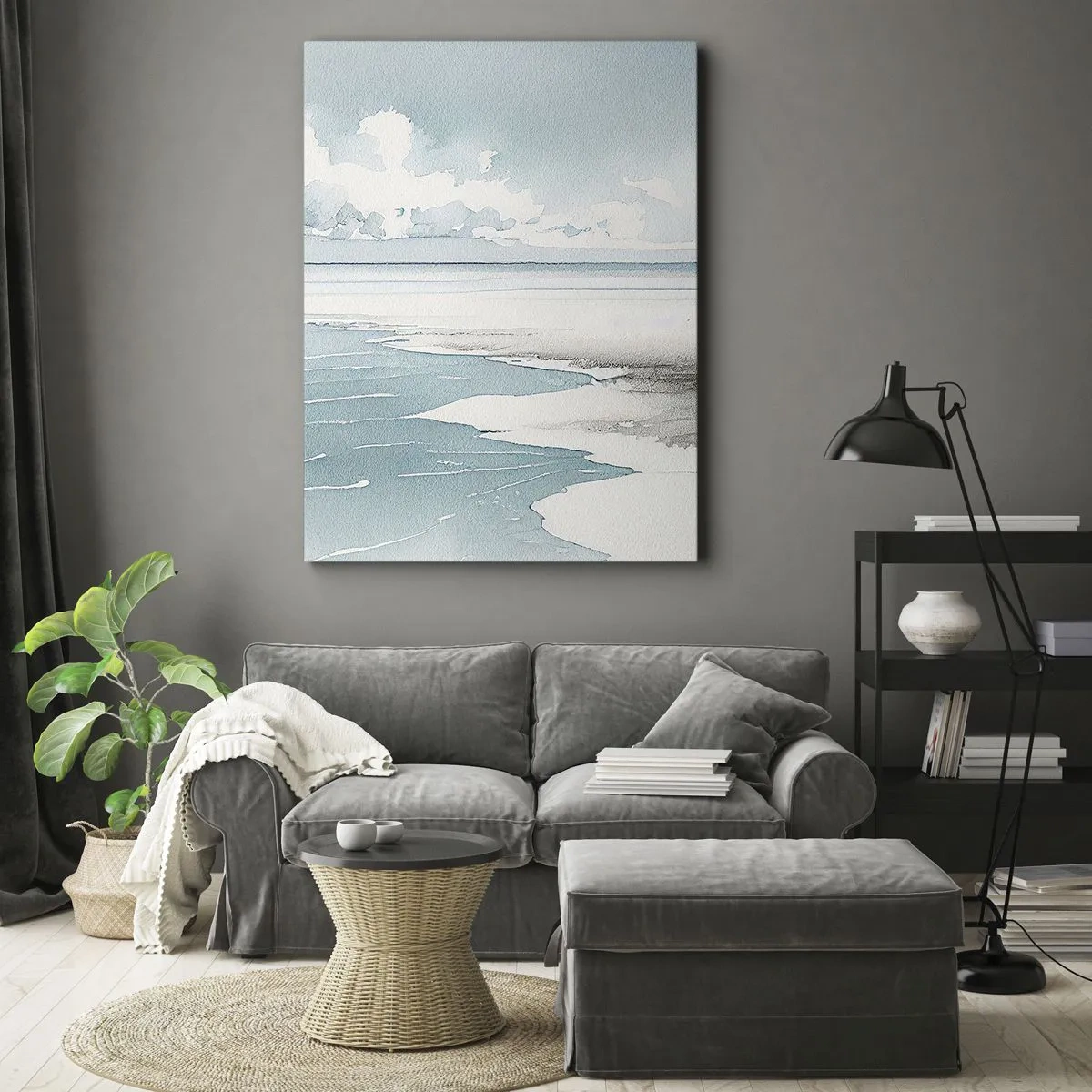 Bild auf Leinwand - Leinwandbild - Ruhiges Meer und Strand in hellen Blautönen - 50x70cm - Sanfte Flut - Moderne Wanddekoration für Wohnzimmer und Schlafzimmer ARTTOR