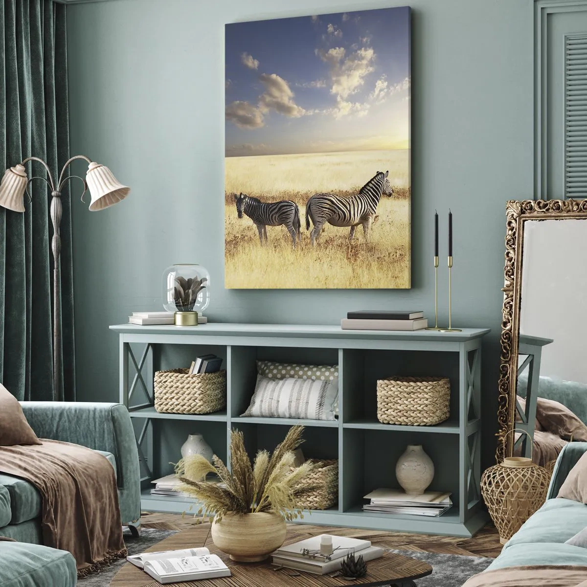 Bild auf Leinwand - Leinwandbild - Zwei Zebras in der Savanne in den Strahlen der untergehenden Sonne - 80x120cm - Geh weg, sei nicht in Frieden - Moderne Wanddekoration für Wohnzimmer und Schlafzimmer ARTTOR