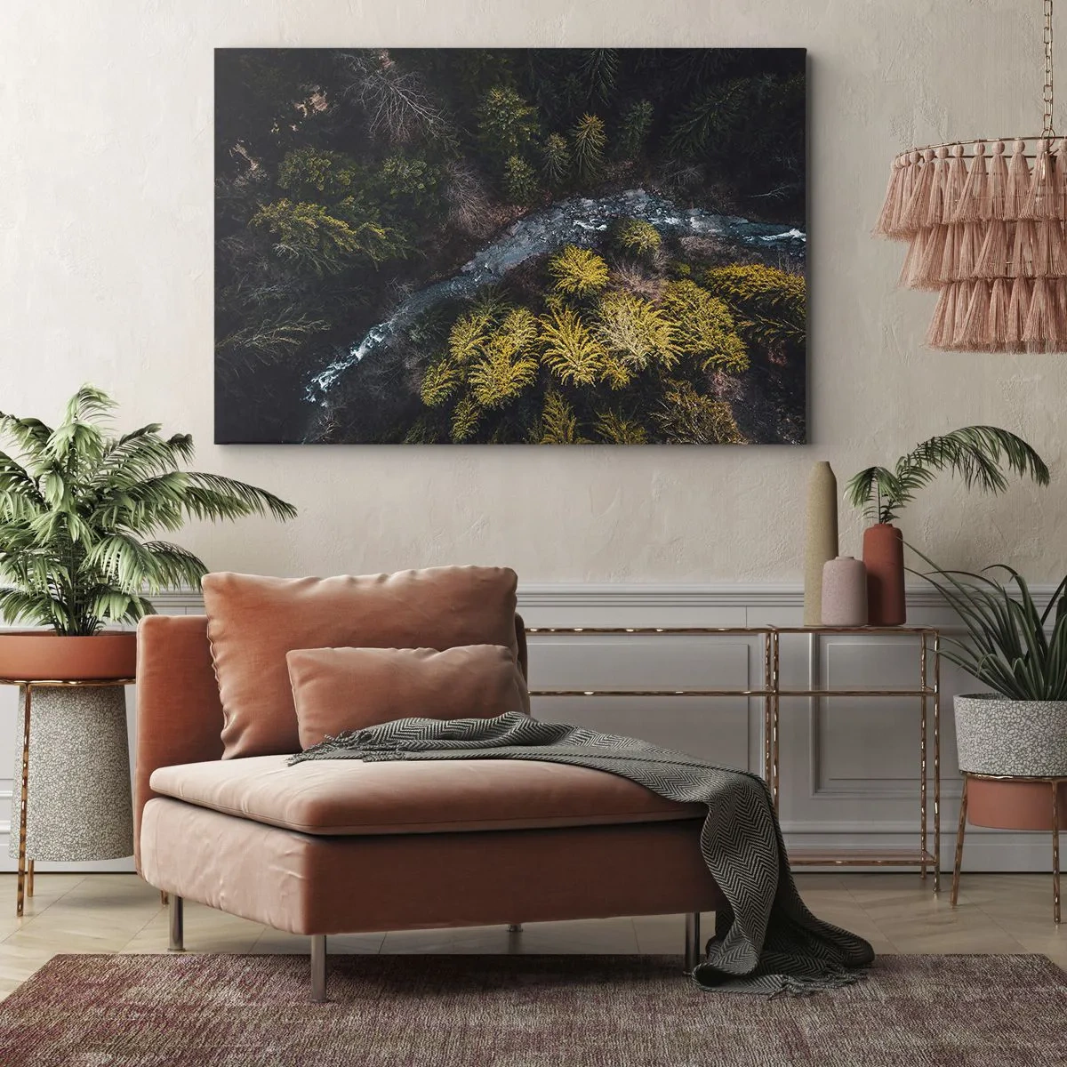 Bild auf Leinwand - Leinwandbild - Ein Blick von oben auf einen Wald mit einem gewundenen Fluss - 120x80cm - Schnell und immer schneller - Moderne Wanddekoration für Wohnzimmer und Schlafzimmer ARTTOR