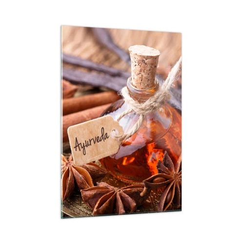 Glasbild - Bild auf glas - Öl- und Gewürzflasche im ayurvedischen Stil - 50x70cm - Zur Einheit von Körper und Geist - Moderne Wanddekoration für Wohnzimmer und Schlafzimmer ARTTOR