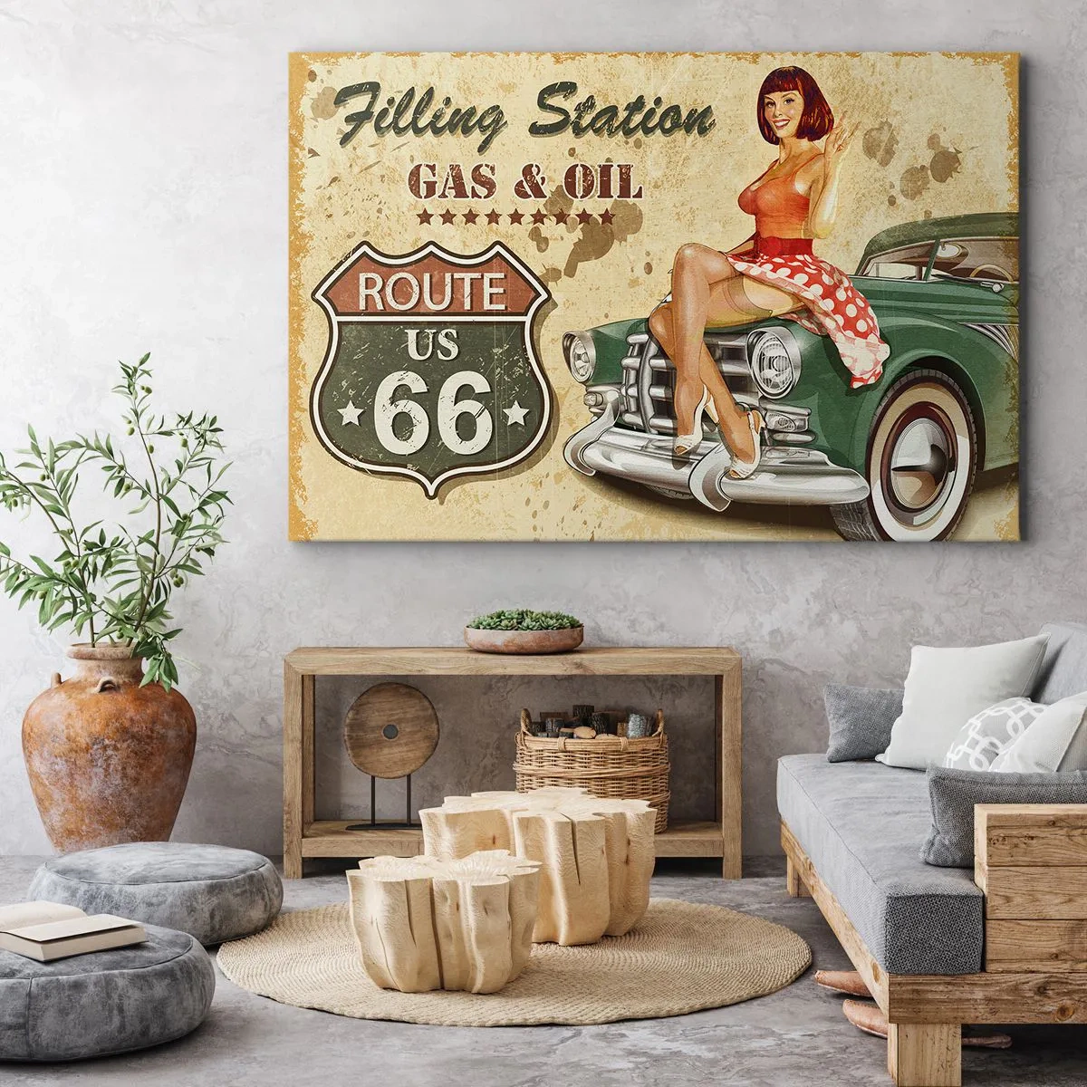 Bild auf Leinwand - Leinwandbild - Retro-Route 66-Poster mit Pin-up-Girl und Auto - 120x80cm - Die großen Jahre der 40er. - Moderne Wanddekoration für Wohnzimmer und Schlafzimmer ARTTOR