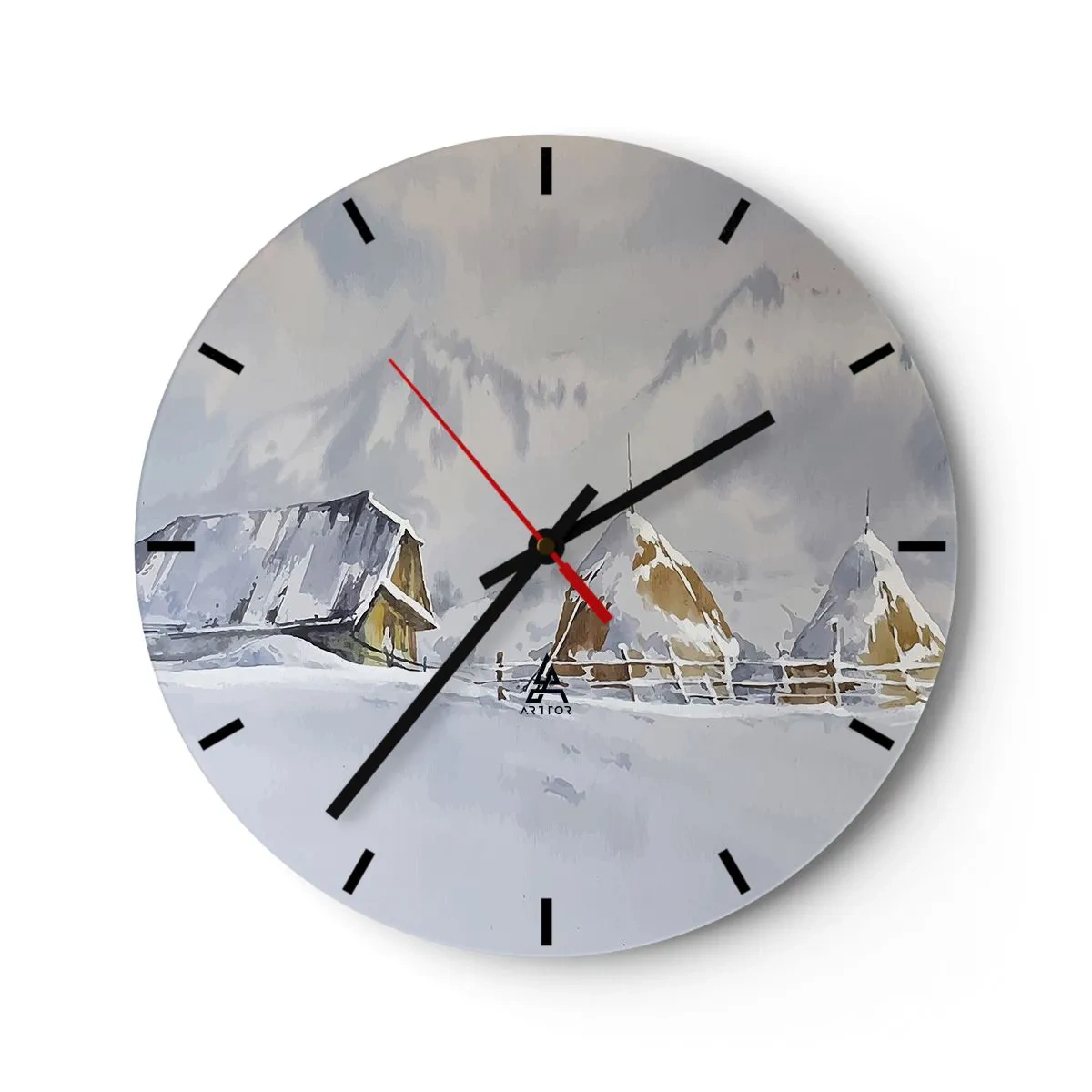 Wanduhr - Glasuhr - Winterlandschaft mit Hütte und Heuhaufen im Schnee - 30x30cm - In einem verschneiten Talkessel - Moderne Wanddekoration für Wohnzimmer, Küche und Schlafzimmer ARTTOR