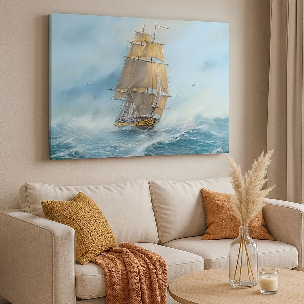 Bild auf Leinwand - Leinwandbild - Ein Segelschiff auf stürmischer See - 70x50cm - Über die Wellen gleiten - Moderne Wanddekoration für Wohnzimmer und Schlafzimmer ARTTOR