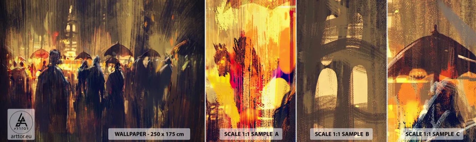 Fototapeten Muster Selbstklebend Deluxe Sticker - Anhänger des Regens - Stadt, Menschen, Regenschirm - 100x30 cm