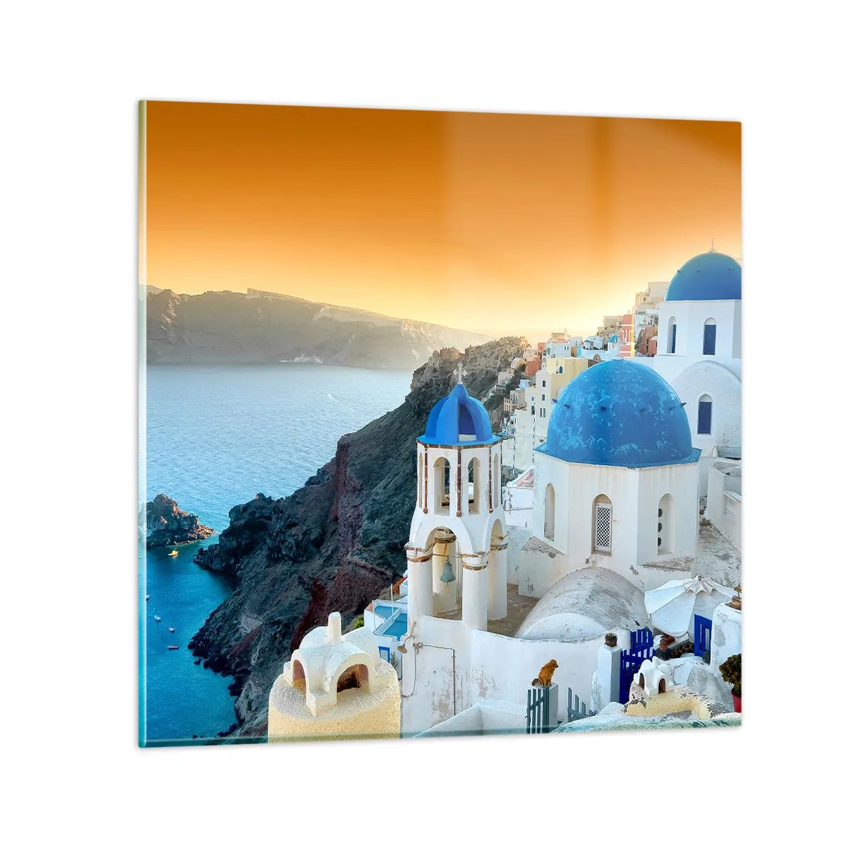 Glasbild - Bild auf glas - Santorini - an die Felsen gekuschelt - 70x70 cm