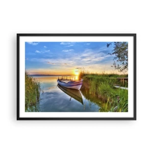 Poster in einem schwarzem Rahmen - Ein Boot in einer ruhigen Bucht bei Sonnenuntergang - 70x50cm - Bucht erfüllter Träume - Moderne Wanddekoration für Wohnzimmer und Schlafzimmer ARTTOR