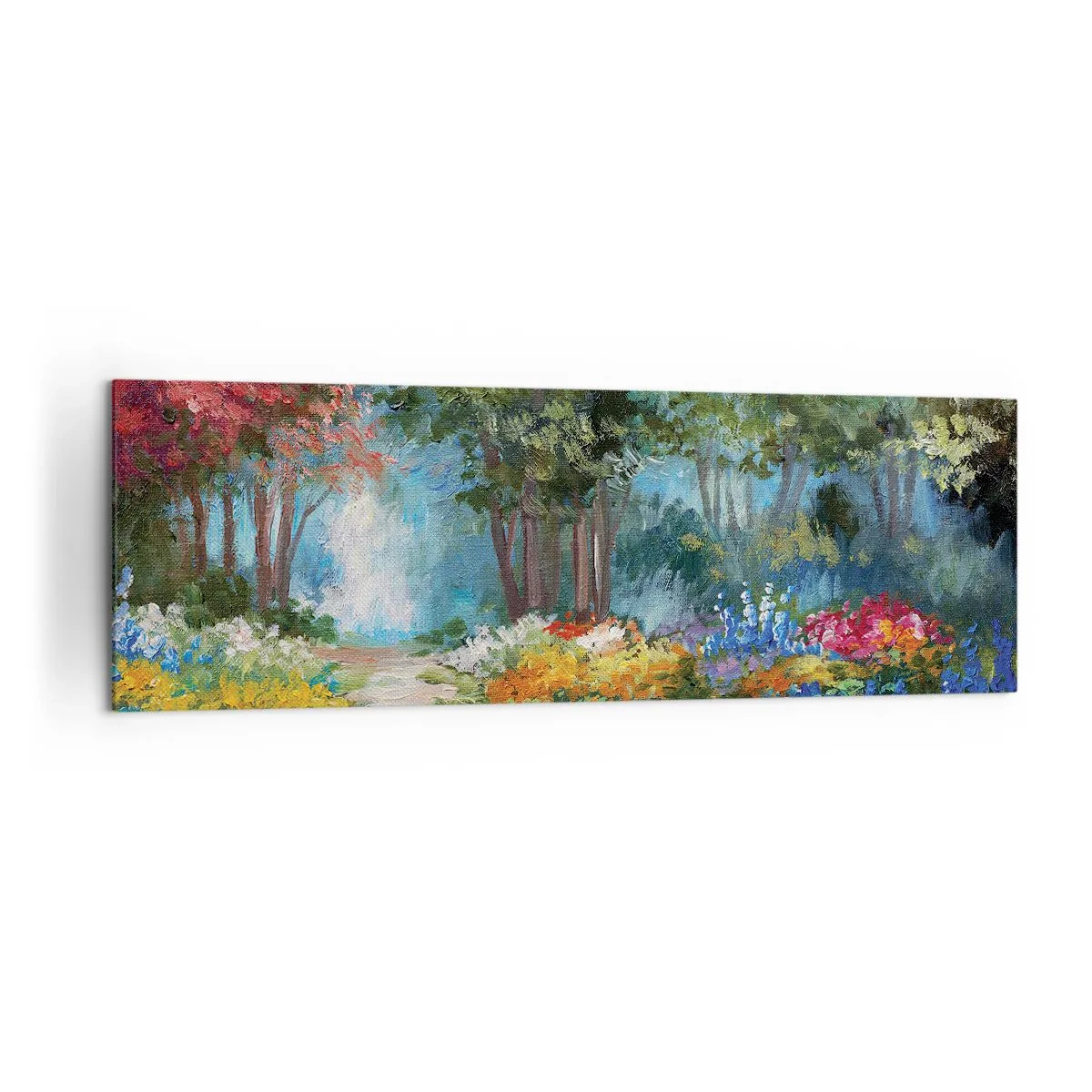 Bild auf Leinwand - Leinwandbild - Ein malerischer Garten voller bunter Blumen und Bäume in einer Waldumgebung - 160x50cm - Waldgarten, Blumenwald - Moderne Wanddekoration für Wohnzimmer und Schlafzimmer ARTTOR