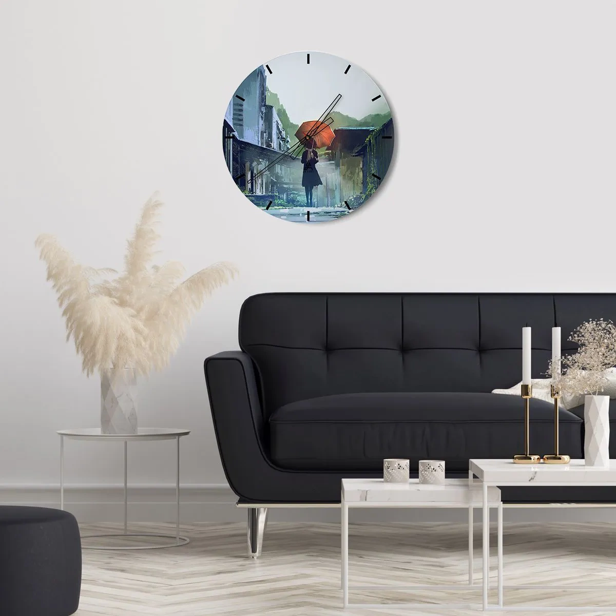 Wanduhr - Glasuhr - Eine Figur mit einem Regenschirm in einer verregneten Straße - 30x30cm - Belebender Regen - Moderne Wanddekoration für Wohnzimmer, Küche und Schlafzimmer ARTTOR