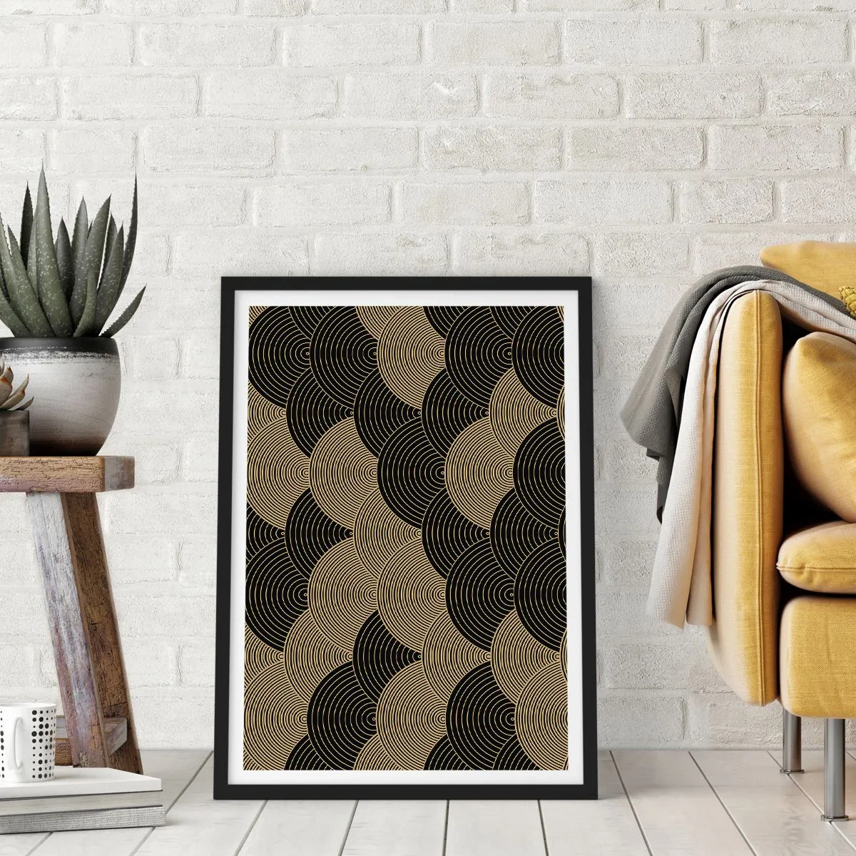 Poster in einem schwarzem Rahmen - Abstraktes Muster in schwarzen und goldenen Kreisen - 50x70cm - Einheit in der Vielfalt - Moderne Wanddekoration für Wohnzimmer und Schlafzimmer ARTTOR