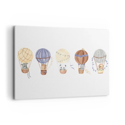 Bild auf Leinwand - Leinwandbild - Niedliche Tiere in Luftballons auf weißem Hintergrund - 100x70cm - Freunde auf Reise - Moderne Wanddekoration für Wohnzimmer und Schlafzimmer ARTTOR