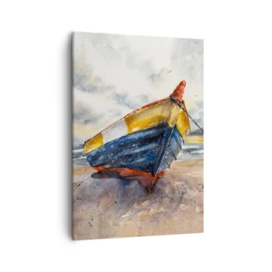 Bild auf Leinwand - Leinwandbild - Ein malerisches Boot am Strand unter einem bewölkten Himmel - 50x70cm - Erholung am Ufer - Moderne Wanddekoration für Wohnzimmer und Schlafzimmer ARTTOR