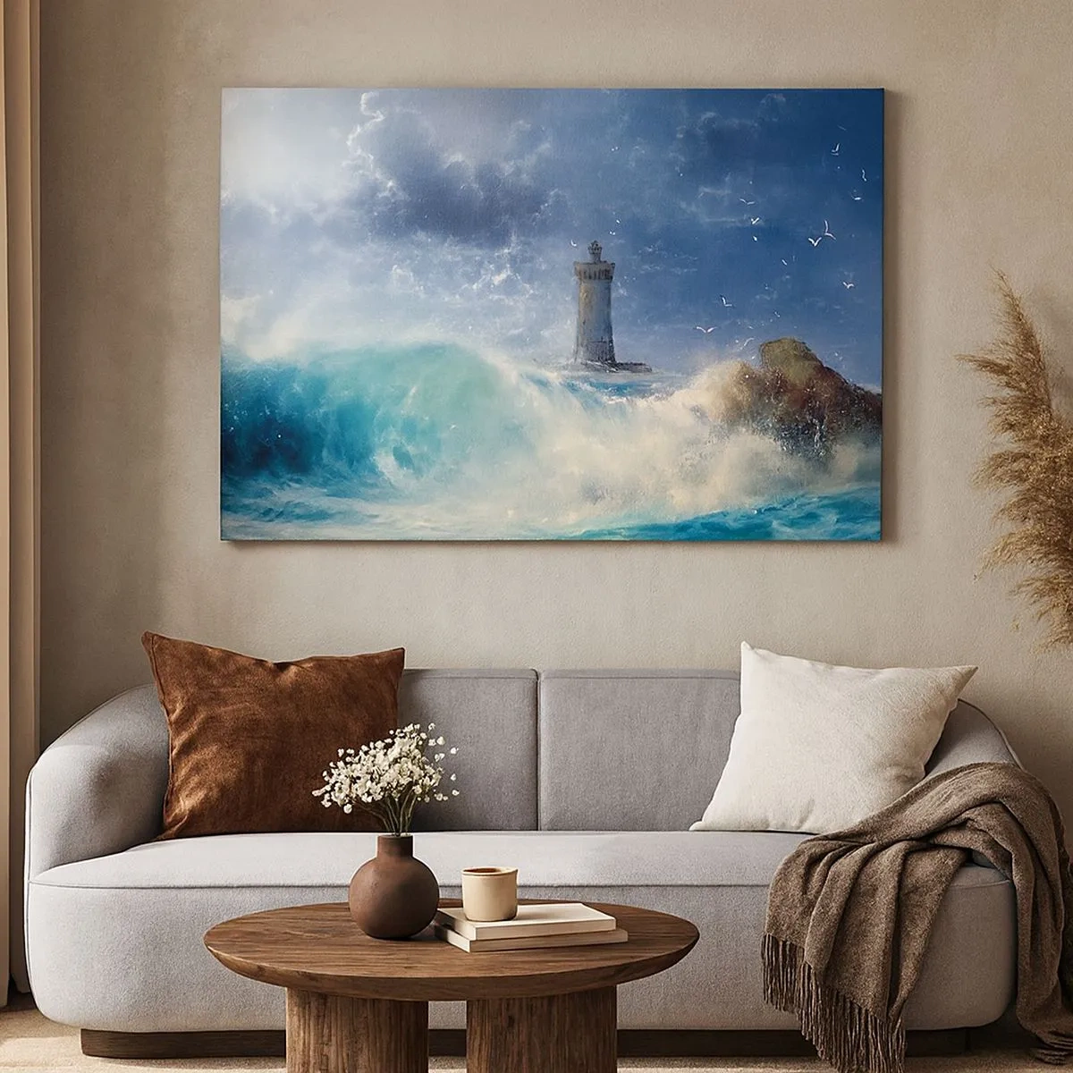 Bild auf Leinwand - Leinwandbild - Ein Leuchtturm, umgeben von rauen Wellen und Wolken - 70x50cm - Auf der Hut vor den Elementen - Moderne Wanddekoration für Wohnzimmer und Schlafzimmer ARTTOR
