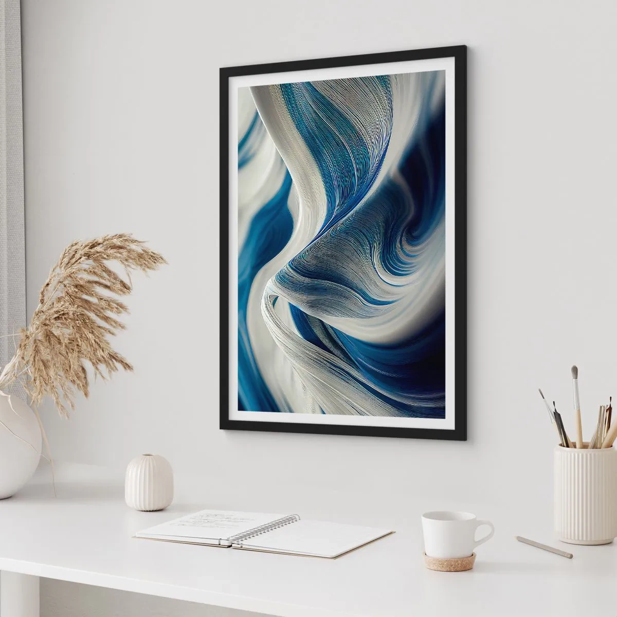 Poster in einem schwarzem Rahmen - Fließfähigkeit von Blau und Weiß - 61x91 cm