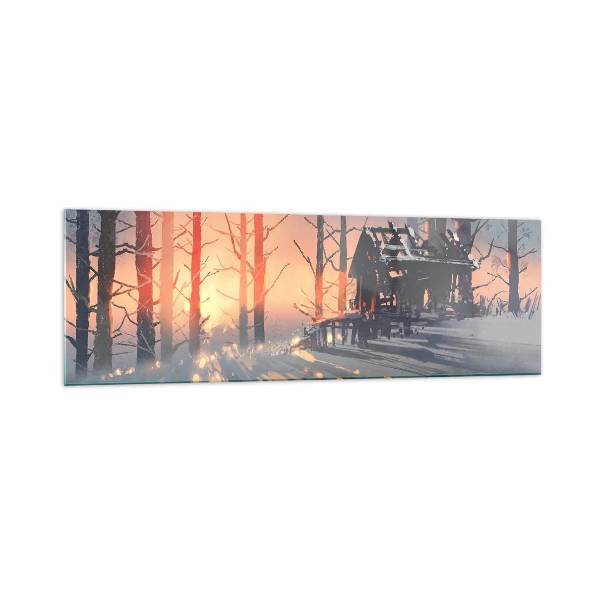Glasbild - Bild auf glas - Ein Waldhäuschen in einer Winterlandschaft mit den Strahlen der untergehenden Sonne - 160x50cm - Hier sieht nur die Sonne rein - Moderne Wanddekoration für Wohnzimmer und Schlafzimmer ARTTOR