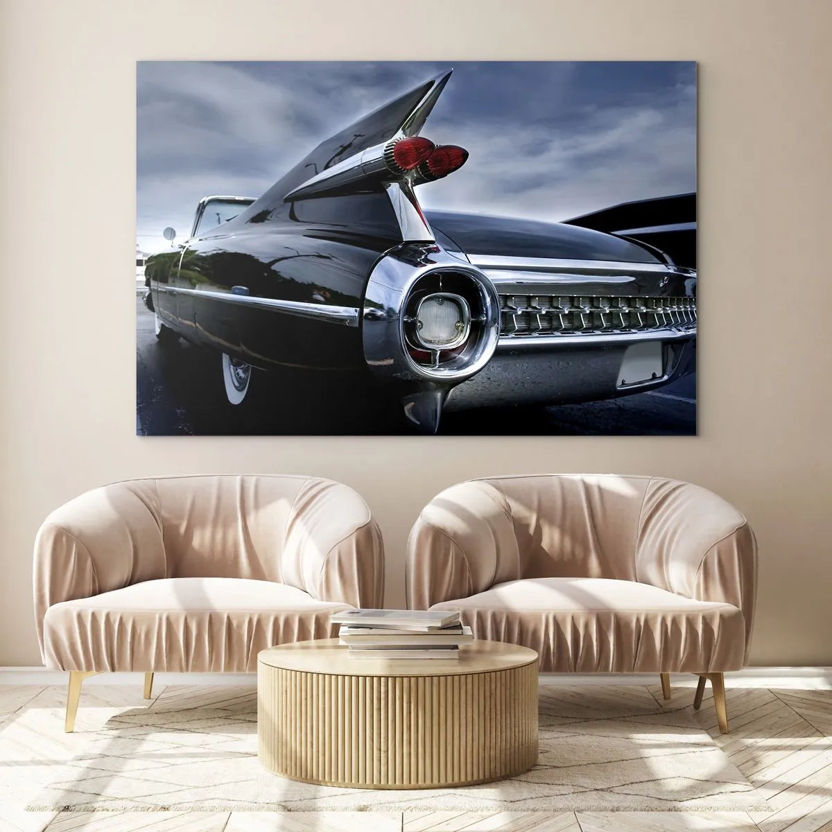 Glasbild - Bild auf glas - Stilvolle Oldtimer-Rückleuchten in glänzendem Schwarz - 70x50cm - Deshalb ist es schön! - Moderne Wanddekoration für Wohnzimmer und Schlafzimmer ARTTOR