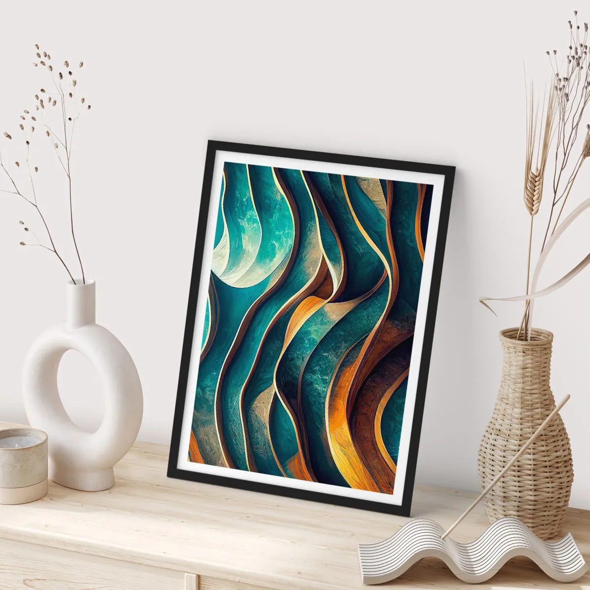 Poster in einem schwarzem Rahmen - Blaue Mäander - 61x91 cm