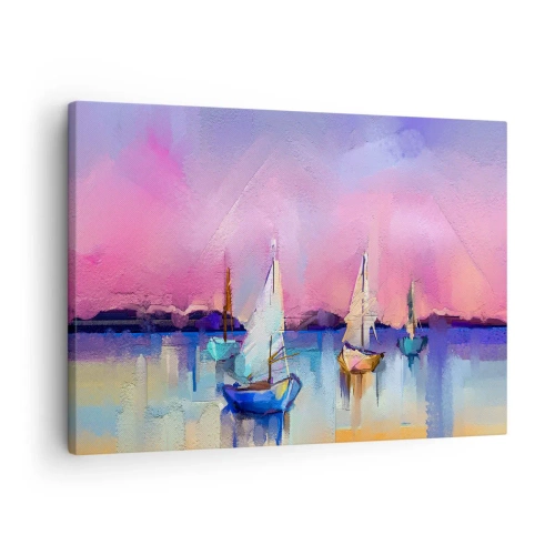 Bild auf Leinwand - Leinwandbild - Segelboote auf ruhigem Meer in den Pastellfarben des Sonnenuntergangs - 70x50cm - Richtung: breites Wasser - Moderne Wanddekoration für Wohnzimmer und Schlafzimmer ARTTOR