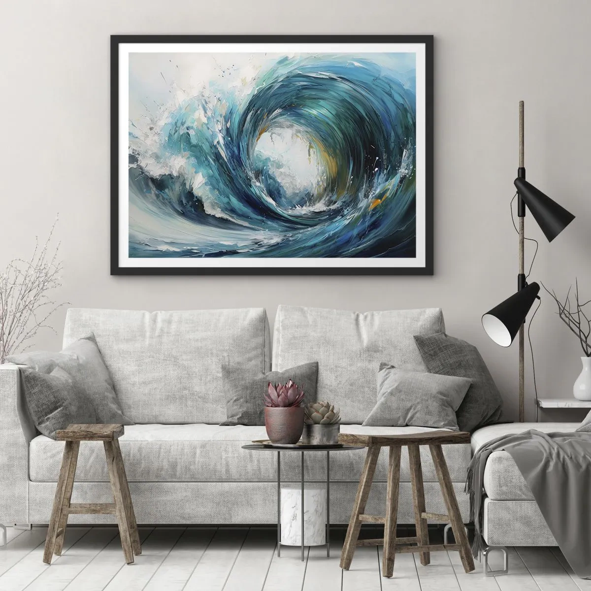 Poster in einem schwarzem Rahmen - Eine dynamische Welle in Blau- und Türkistönen - 70x50cm - Meeresportal - Moderne Wanddekoration für Wohnzimmer und Schlafzimmer ARTTOR