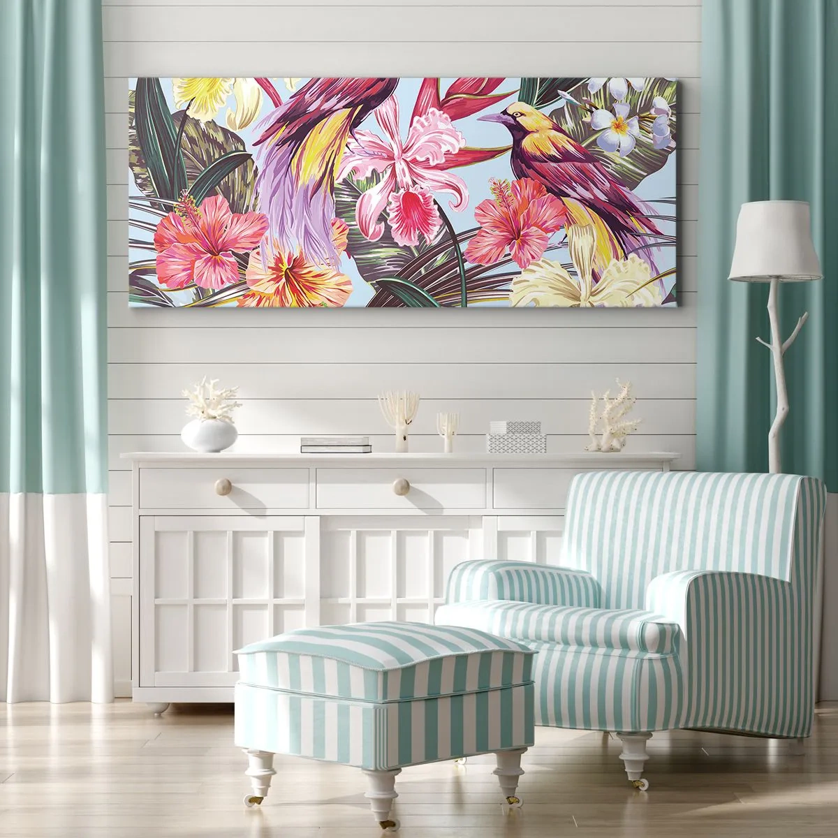 Bild auf Leinwand - Leinwandbild - Exotische Vögel zwischen tropischen Blumen - 160x50cm - Blütenblätter und Federn - Moderne Wanddekoration für Wohnzimmer und Schlafzimmer ARTTOR