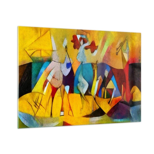 Glasbild - Bild auf glas - Farbenfrohe Abstraktion mit Figuren und geometrischen Formen - 100x70cm - Sonne - Leben - Freude - Moderne Wanddekoration für Wohnzimmer und Schlafzimmer ARTTOR