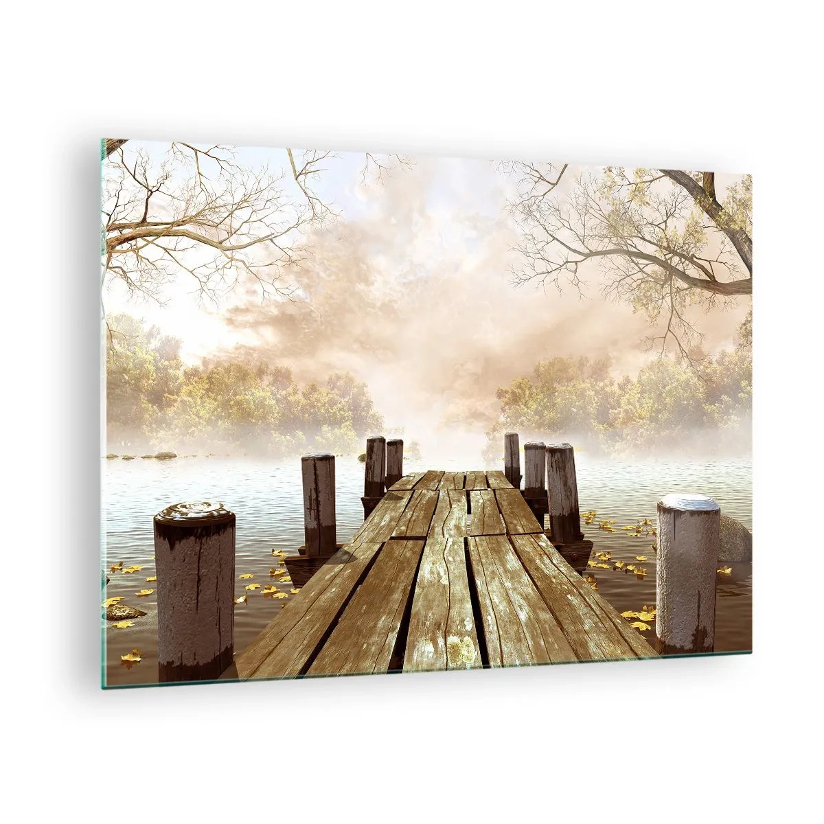 Glasbild - Bild auf glas - Ein Holzsteg über einem ruhigen See im Nebel - 70x50cm - Die milde Traurigkeit des Herbstes - Moderne Wanddekoration für Wohnzimmer und Schlafzimmer ARTTOR