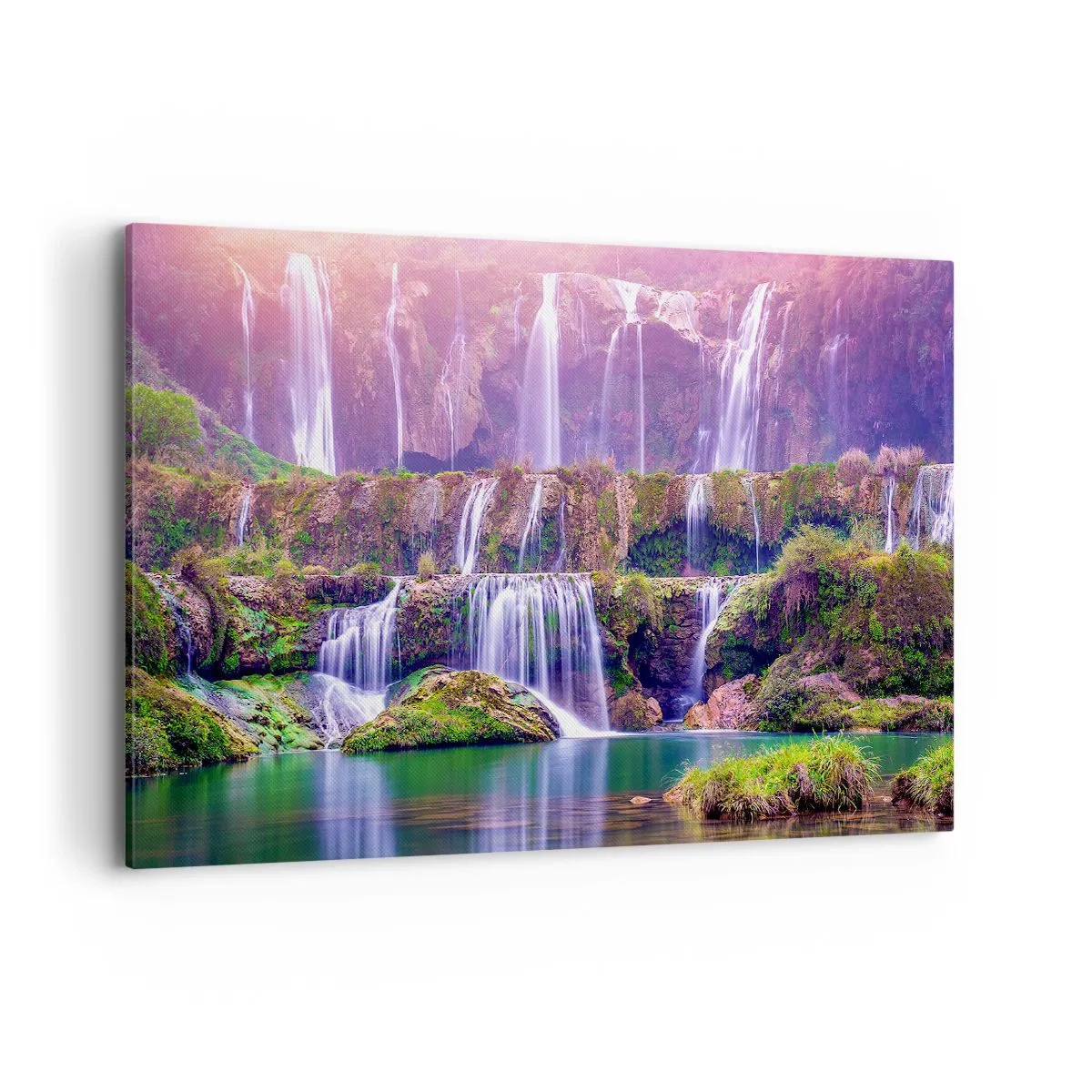 Bild auf Leinwand - Leinwandbild - Wasserfälle umgeben von Grün mit pastellfarbener Beleuchtung - 100x70cm - Treppe zum Himmel - Moderne Wanddekoration für Wohnzimmer und Schlafzimmer ARTTOR