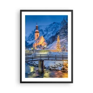 Poster in einem schwarzem Rahmen - Eine Kirche in einer Winterlandschaft mit einem Weihnachtsbaum und Weihnachtsbeleuchtung - 50x70cm - Weihnachtsgeist - Moderne Wanddekoration für Wohnzimmer und Schlafzimmer ARTTOR