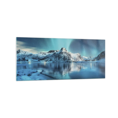 Glasbild - Bild auf glas - Aurora Borealis über schneebedeckten Bergen und einem See - 120x50cm - Lichtnacht - Moderne Wanddekoration für Wohnzimmer und Schlafzimmer ARTTOR