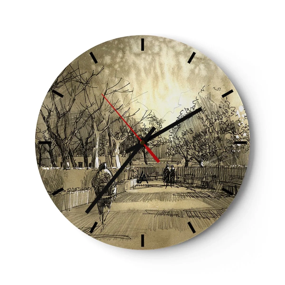 Wanduhr - Glasuhr - Skizze eines Spaziergangs in einem Park mit Wegen und Bäumen - 30x30cm - Ein Moment mit einer Feder angehalten - Moderne Wanddekoration für Wohnzimmer, Küche und Schlafzimmer ARTTOR