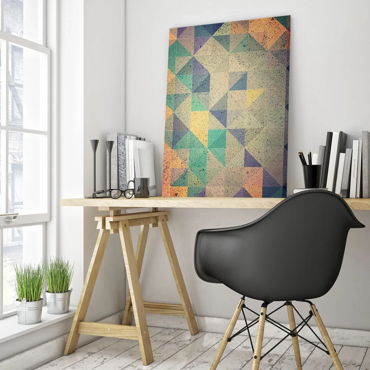 Glasbild - Bild auf glas - Eine farbenfrohe Komposition aus geometrischen Dreiecken in Pastelltönen. - 80x120cm - Republik der Dreiecke - Moderne Wanddekoration für Wohnzimmer und Schlafzimmer ARTTOR
