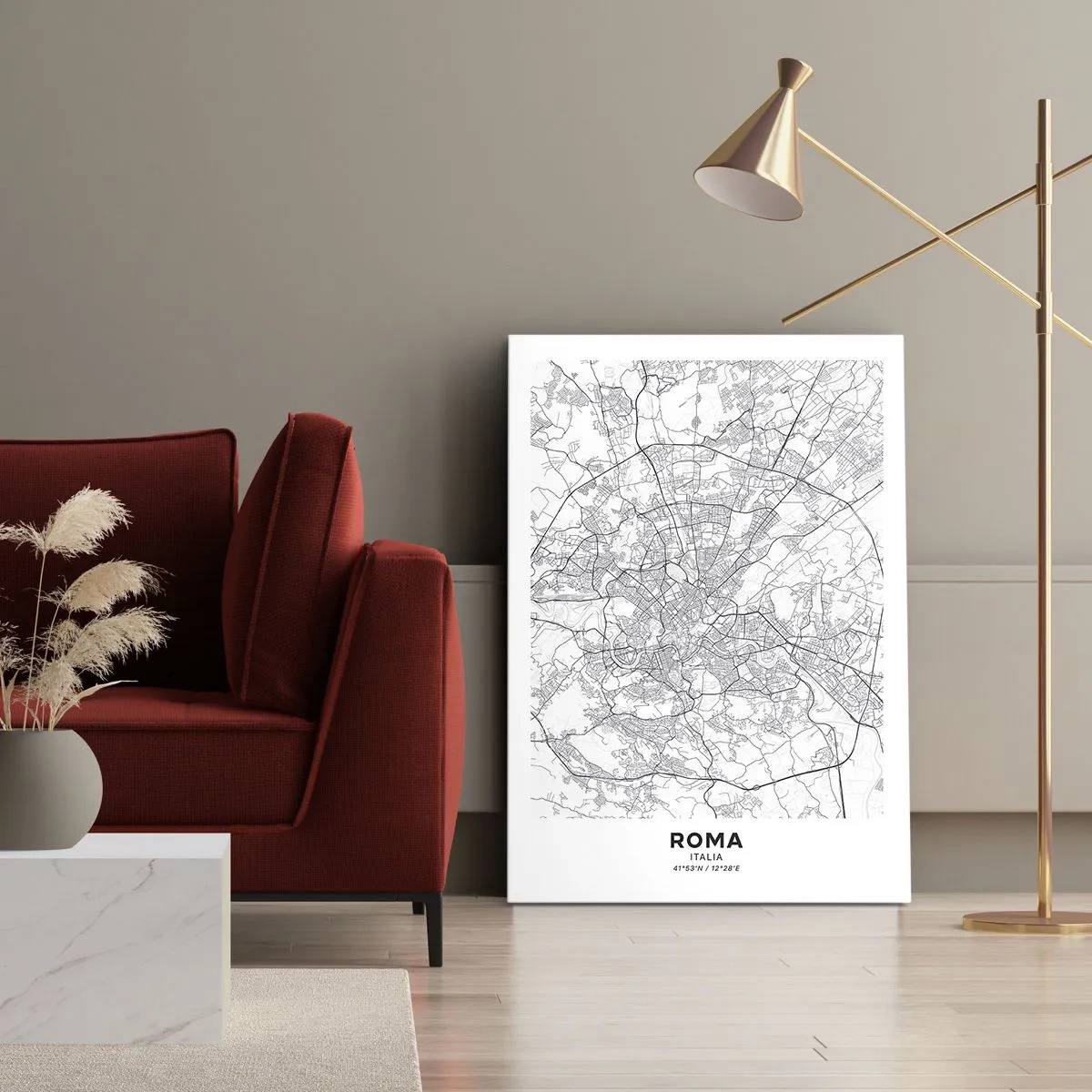 Bild auf Leinwand - Leinwandbild - Ein Stadtplan im minimalistischen Stil mit zarten Linien - 50x70cm - Römischer Kreis - Moderne Wanddekoration für Wohnzimmer und Schlafzimmer ARTTOR