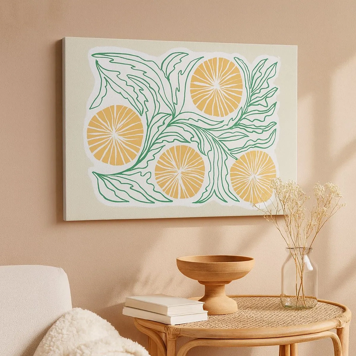Bild auf Leinwand - Leinwandbild - Ein minimalistisches orangefarbenes Motiv mit grünen Blättern - 70x50cm - Ethnisch mit einem Hauch von Abstraktion - Moderne Wanddekoration für Wohnzimmer und Schlafzimmer ARTTOR