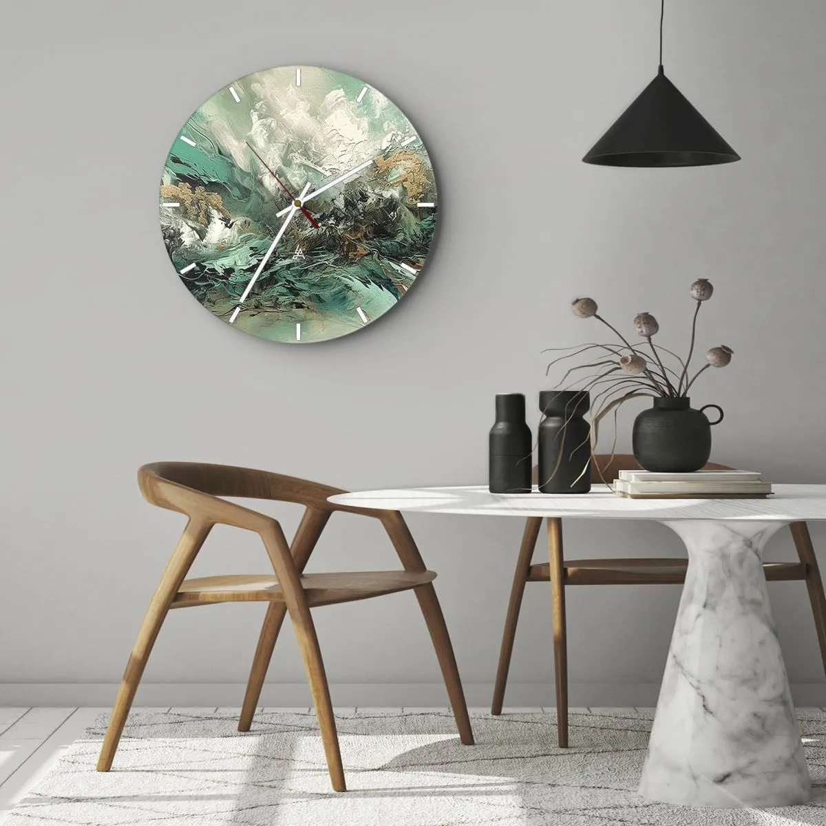 Wanduhr - Glasuhr - Dynamische Abstraktion in Grün, Weiß und Gold - 30x30cm - Smaragdgrüne und schwarze Brandung - Moderne Wanddekoration für Wohnzimmer, Küche und Schlafzimmer ARTTOR