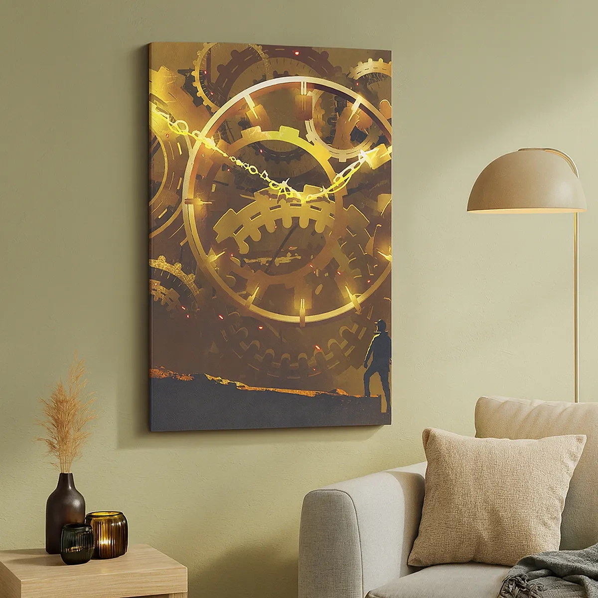 Bild auf Leinwand - Leinwandbild - Goldene Zahnräder in einer surrealen Umgebung mit einer Figur - 50x70cm - An der Quelle der Zeit - Moderne Wanddekoration für Wohnzimmer und Schlafzimmer ARTTOR