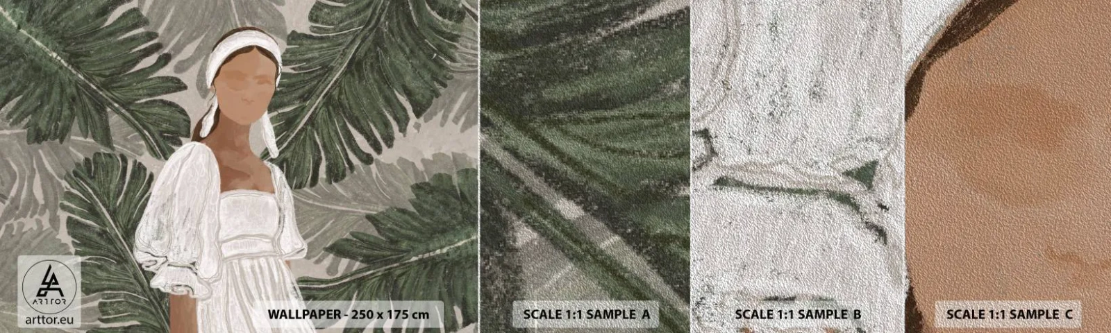 Fototapeten Muster Premium Sand - Exotisches Porträt - Boho, Frau, Blätter - 100x30 cm