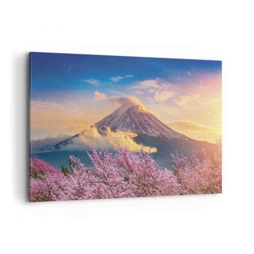 Bild auf Leinwand - Leinwandbild - Mount Fuji mit Kirschblüten im Hintergrund bei Sonnenuntergang - 120x80cm - Japanische Heiligkeit - Moderne Wanddekoration für Wohnzimmer und Schlafzimmer ARTTOR