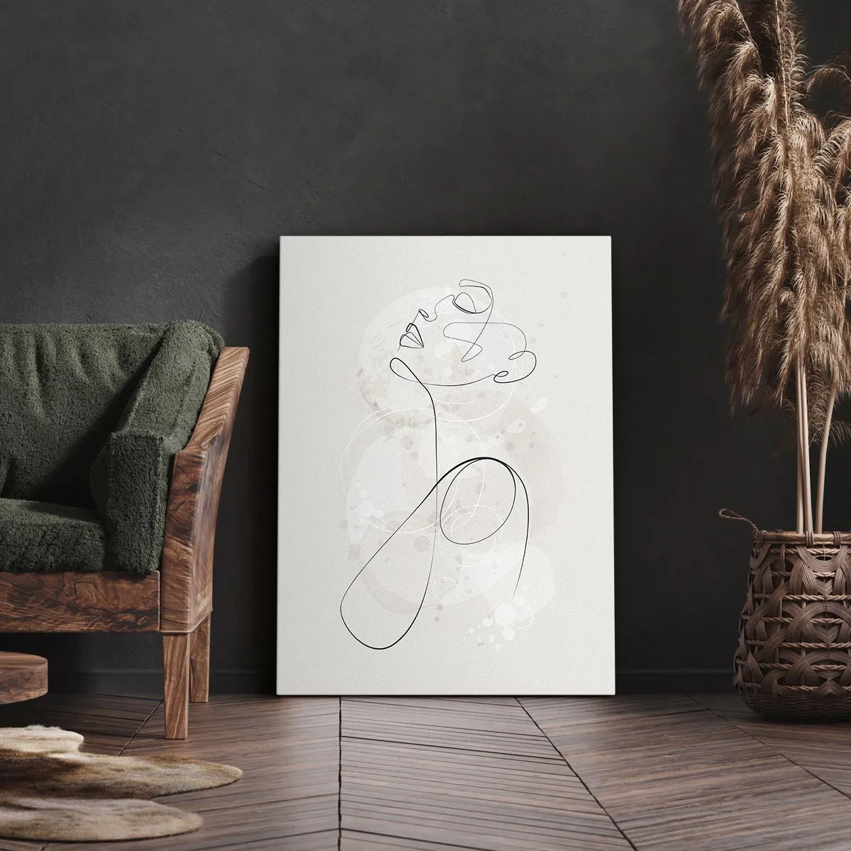 Bild auf Leinwand - Leinwandbild - Minimalistische Gesichtskontur mit einer Blume auf hellem Hintergrund - 70x100cm - Die Spirale der Schönheit - Moderne Wanddekoration für Wohnzimmer und Schlafzimmer ARTTOR