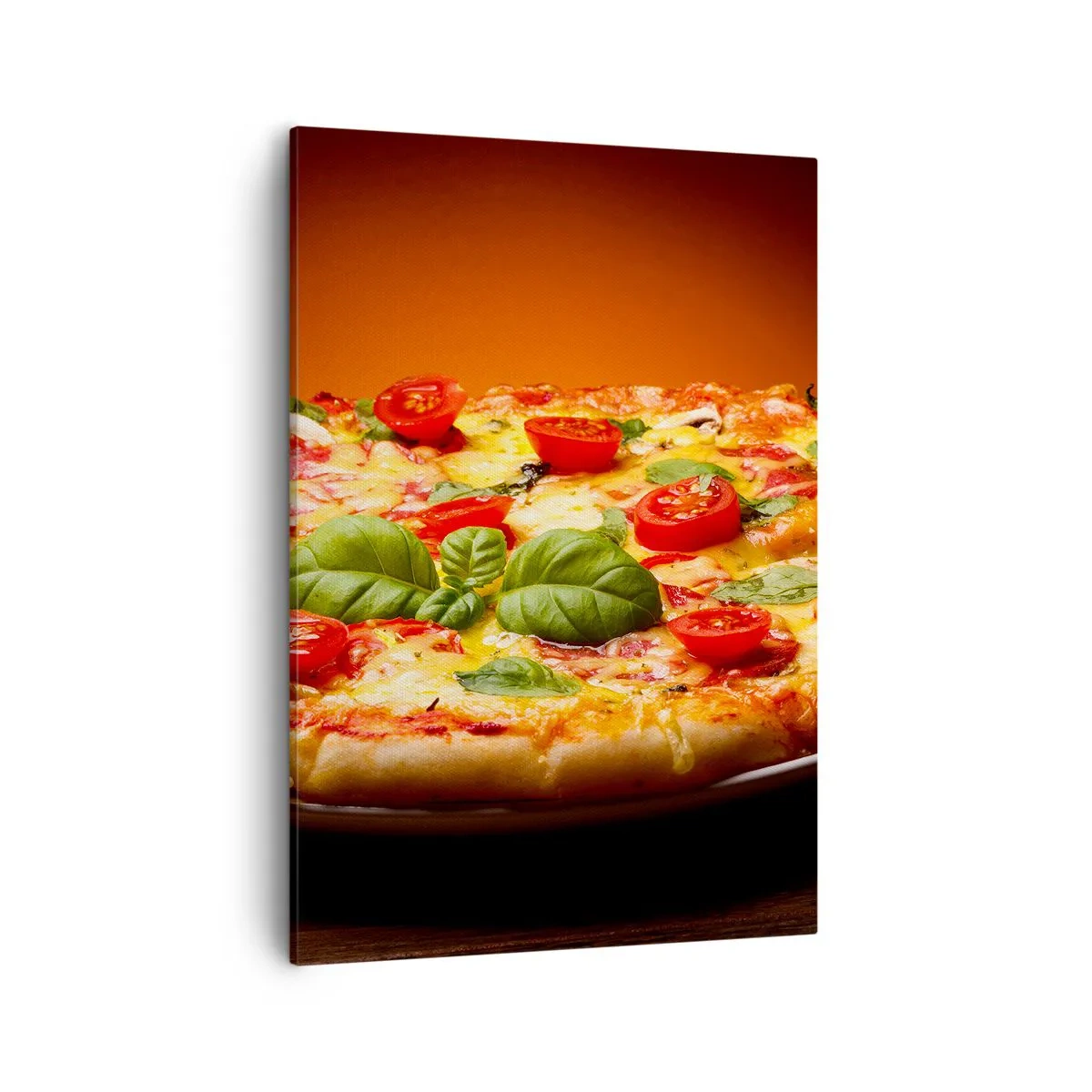 Bild auf Leinwand - Leinwandbild - Pizza mit Tomaten und Basilikum auf einem Holztisch - 50x70cm - Mamma Mia! - Moderne Wanddekoration für Wohnzimmer und Schlafzimmer ARTTOR