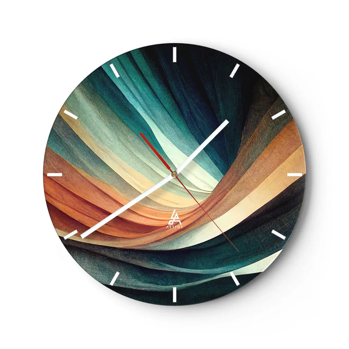 Wanduhr - Glasuhr - Wellenförmige Farbschichten erzeugen eine Stoffabstraktion - 30x30cm - Aus Farben gewebt - Moderne Wanddekoration für Wohnzimmer, Küche und Schlafzimmer ARTTOR