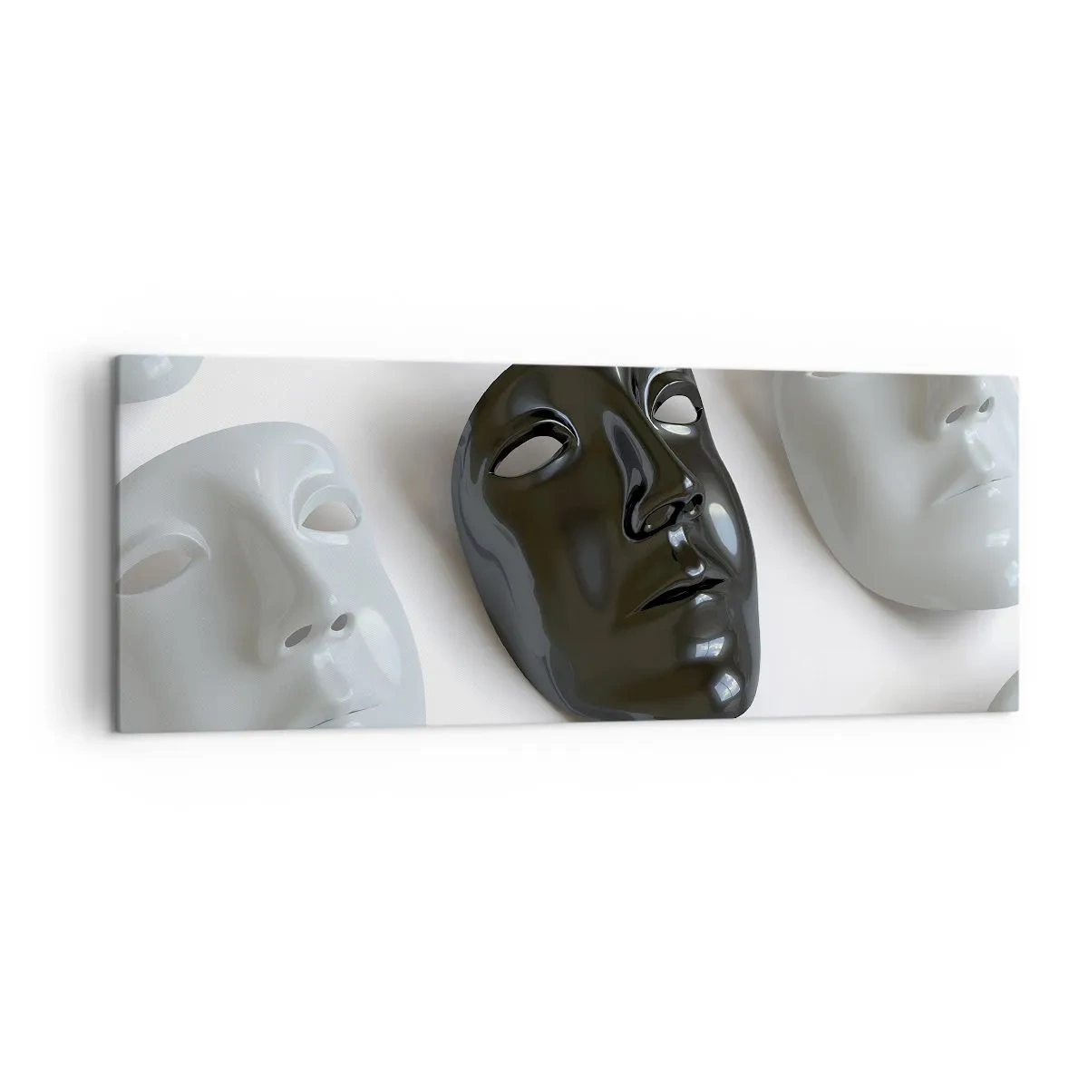 Bild auf Leinwand - Leinwandbild - Schwarz-weiße Masken auf hellem Hintergrund - 140x50cm - Wie hebt man sich ab? - Moderne Wanddekoration für Wohnzimmer und Schlafzimmer ARTTOR