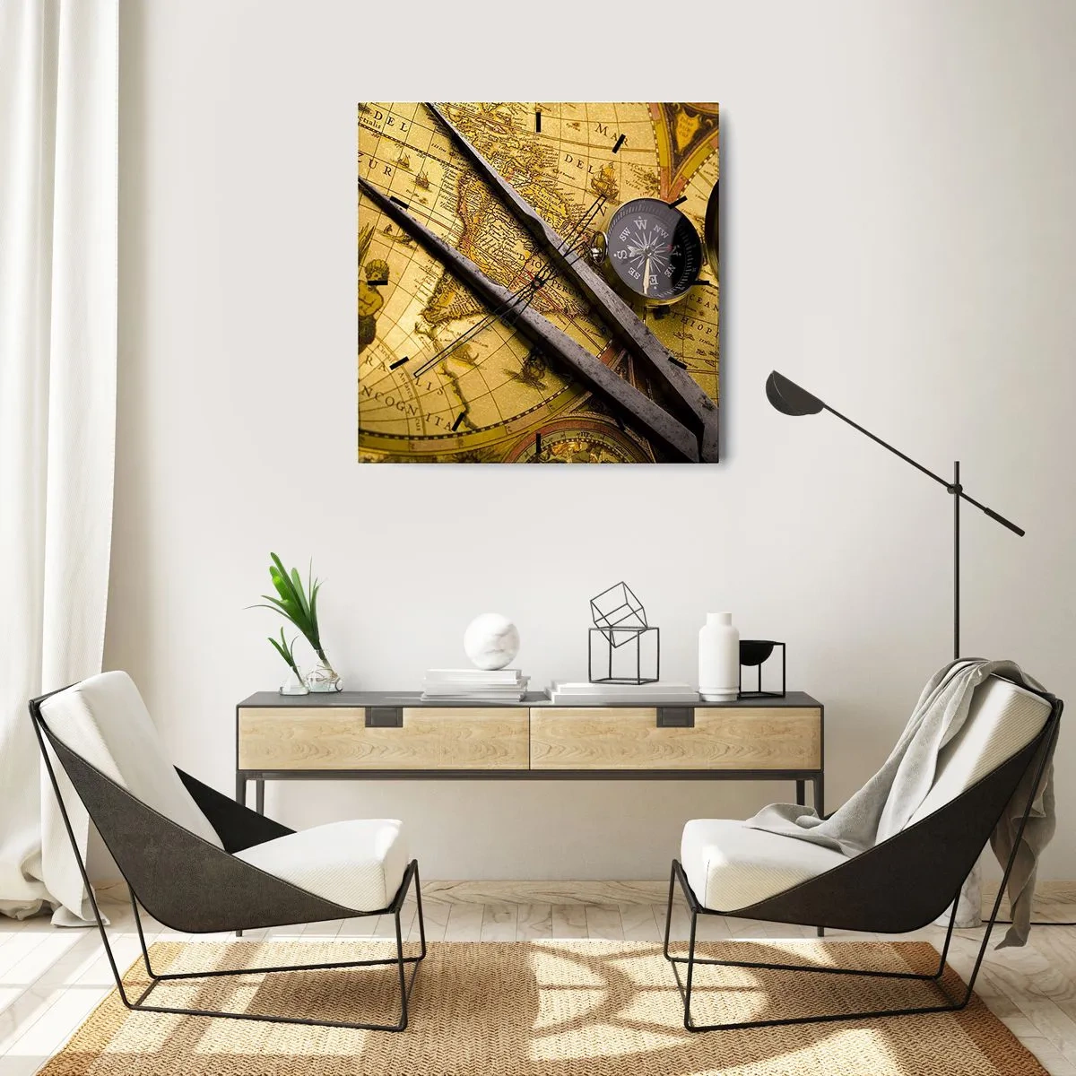 Wanduhr - Glasuhr - Eine antike Weltkarte mit einem Kompass und einem Zirkel im Hintergrund - 30x30cm - Wo sind diese Schätze? - Moderne Wanddekoration für Wohnzimmer und Schlafzimmer ARTTOR
