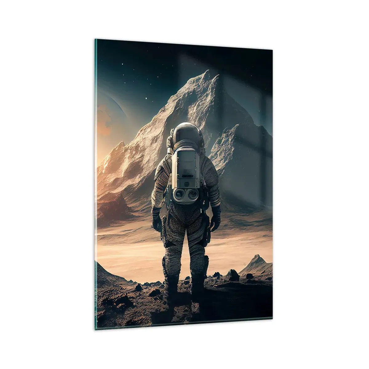 Glasbild - Bild auf glas - Astronaut vor der Kulisse majestätischer Berge - 80x120cm - Neue Herausforderung - Moderne Wanddekoration für Wohnzimmer und Schlafzimmer ARTTOR
